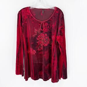 Susan Lawrence 1X Red Velvet Burnout Floral Rhinestone Top Boho Holiday